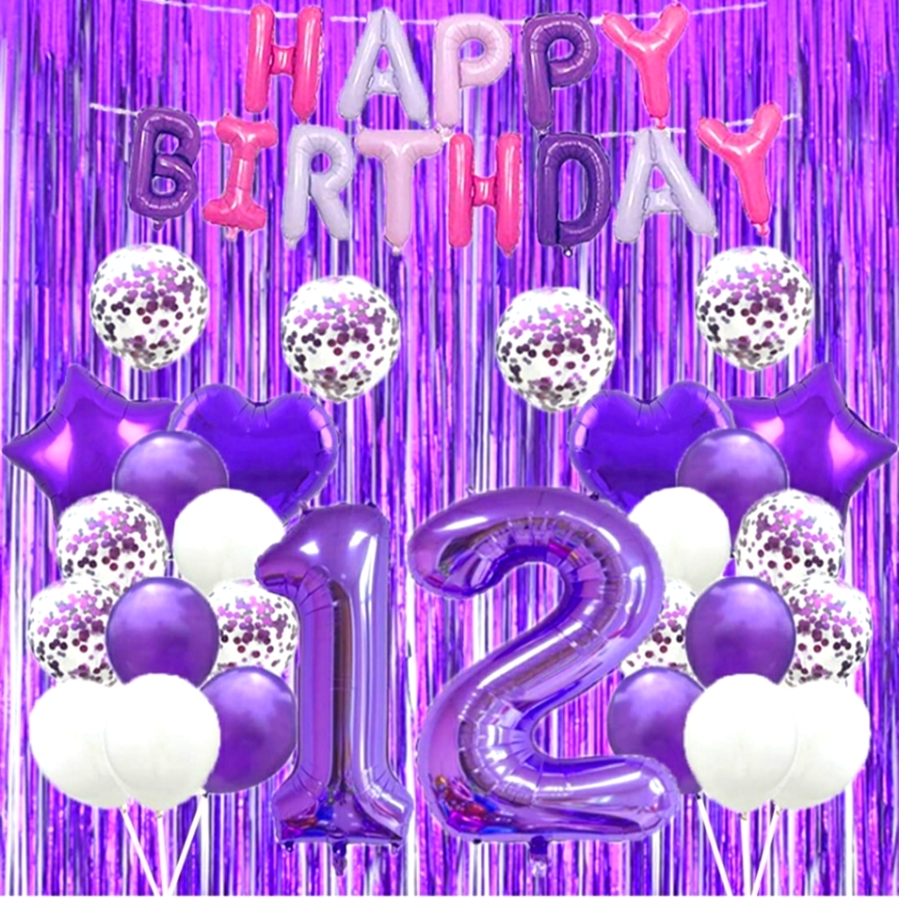Purple Happy 12th Birthday balloons